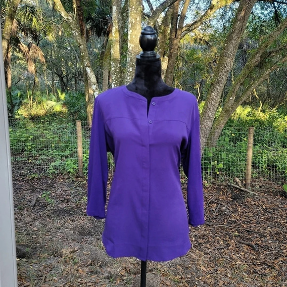 Van Heusen Womens Cotton Blend Buttondown Blouse Shirt Top 3/4 Sleeves Purple XL - Picture 1 of 8